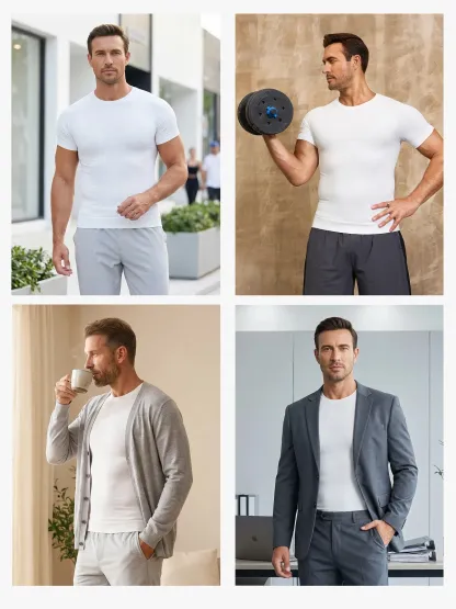 Seamless Crew Neck Compression Shirt Slim Fit Workout Athletic Top For Men
