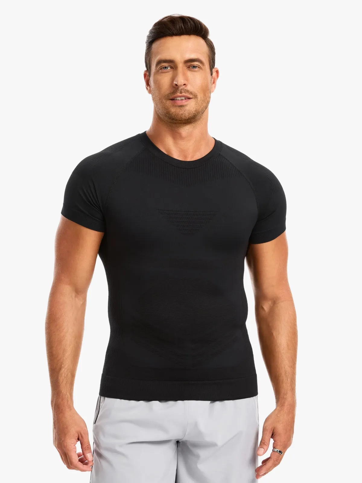 Seamless Crew Neck Compression Shirt Slim Fit Workout Athletic Top For Men