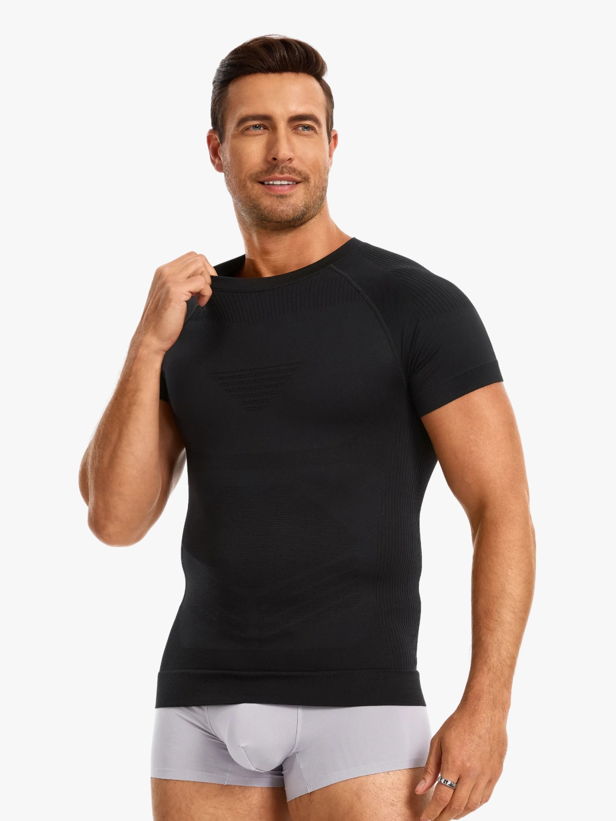 Seamless Crew Neck Compression Shirt Slim Fit Workout Athletic Top For Men