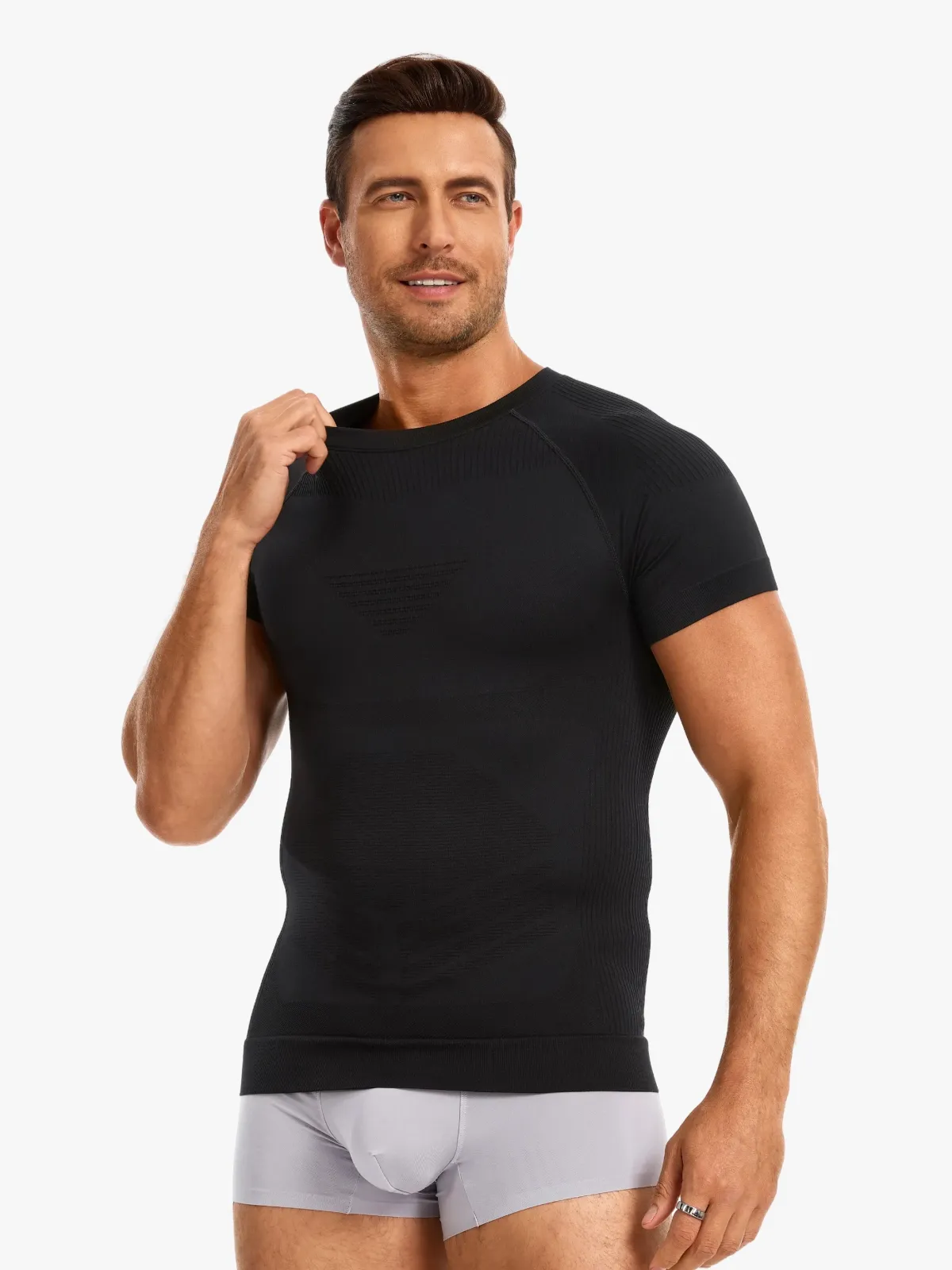 Seamless Crew Neck Compression Shirt Slim Fit Workout Athletic Top For Men