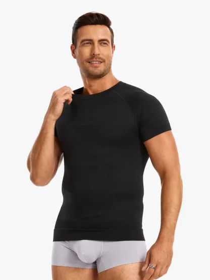 Seamless Crew Neck Compression Shirt Slim Fit Workout Athletic Top For Men