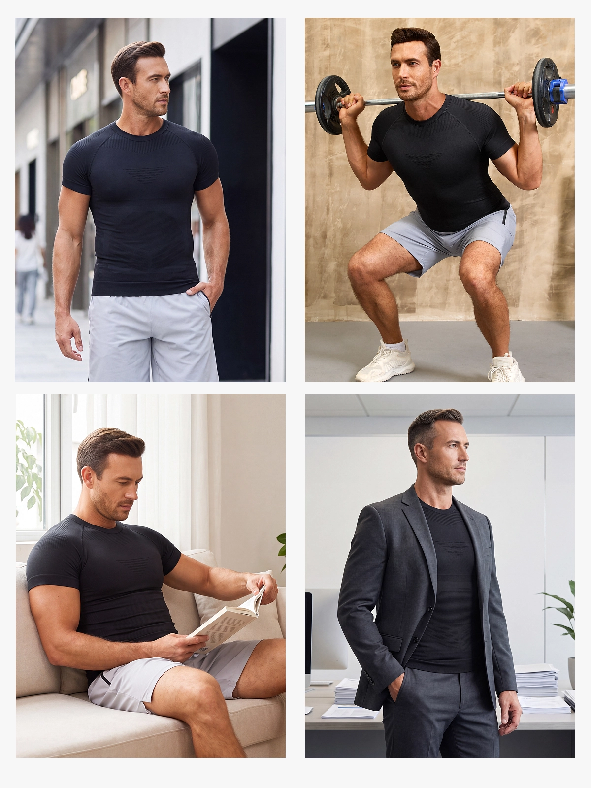 Seamless Crew Neck Compression Shirt Slim Fit Workout Athletic Top For Men