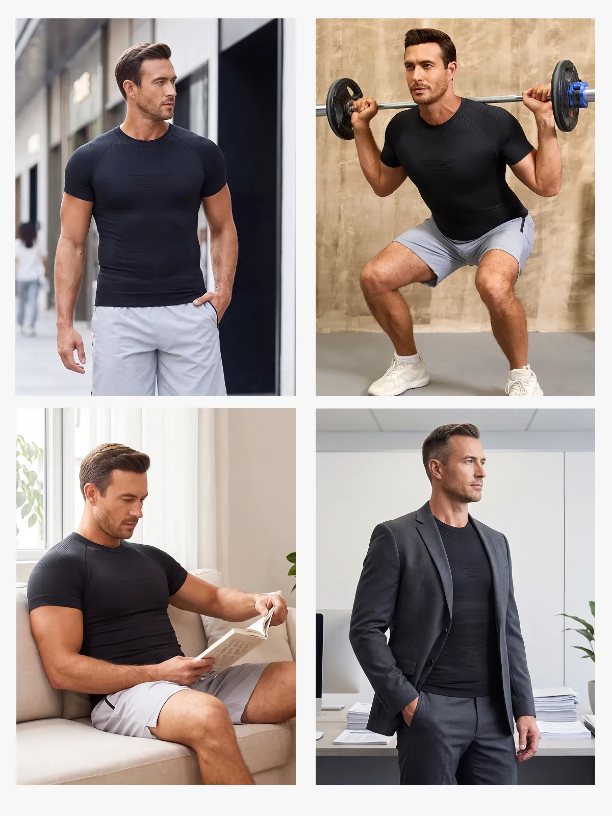 Seamless Crew Neck Compression Shirt Slim Fit Workout Athletic Top For Men