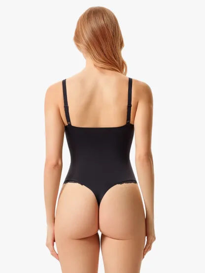 Women V-Neck Lace Trim Seamless Shapewear Bodysuit 