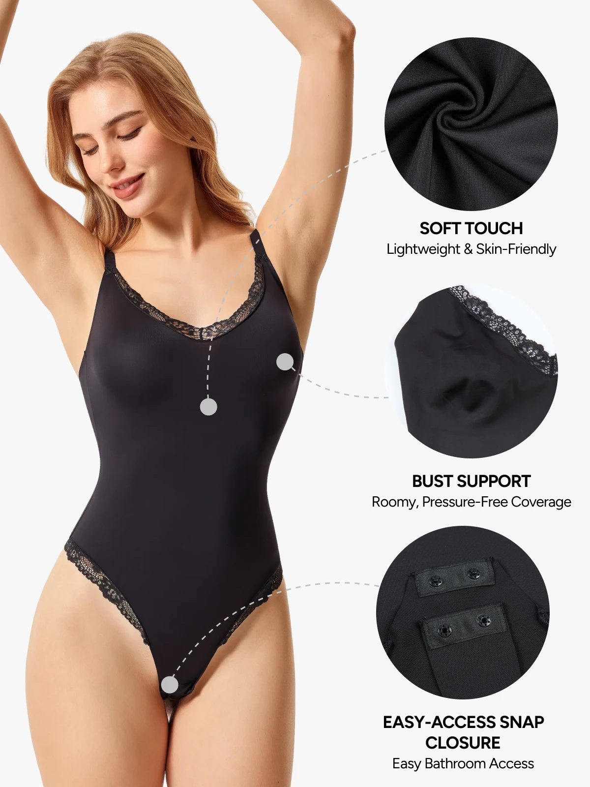 Women V-Neck Lace Trim Seamless Shapewear Bodysuit 