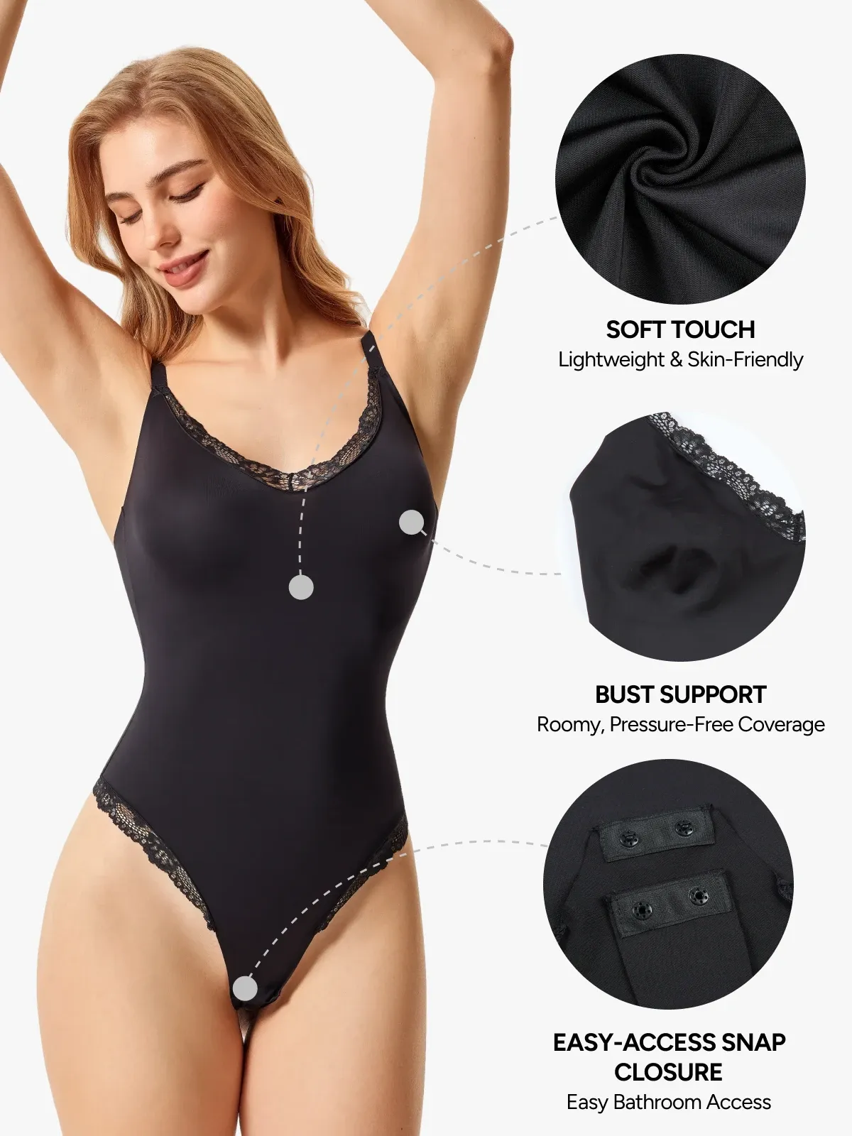 Women V-Neck Lace Trim Seamless Shapewear Bodysuit 