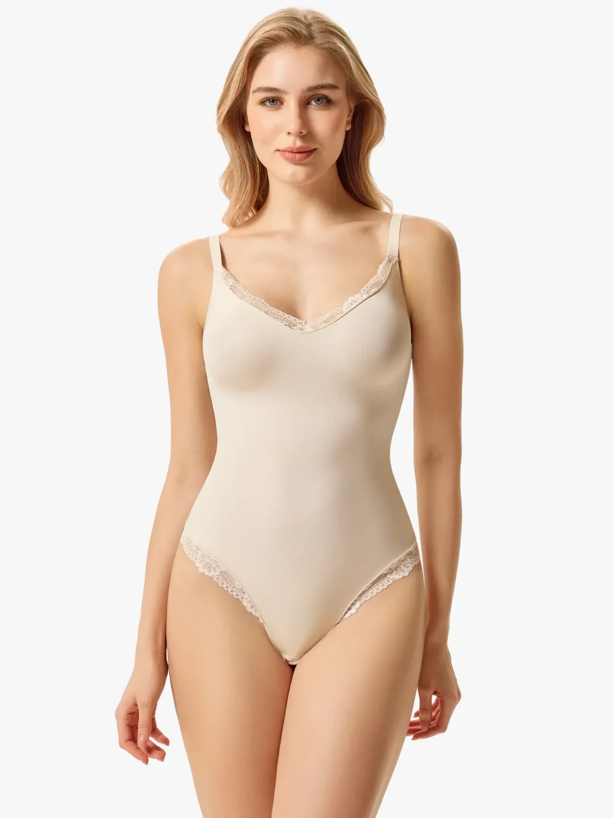 Women V-Neck Lace Trim Seamless Shapewear Bodysuit 
