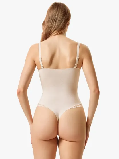 Women V-Neck Lace Trim Seamless Shapewear Bodysuit 