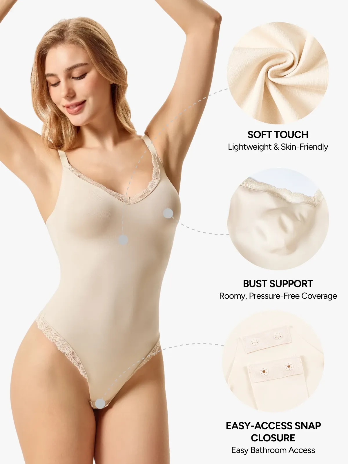 Women V-Neck Lace Trim Seamless Shapewear Bodysuit 