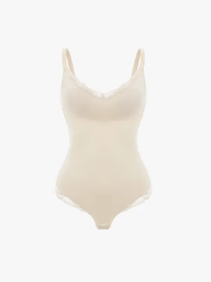 Women V-Neck Lace Trim Seamless Shapewear Bodysuit 