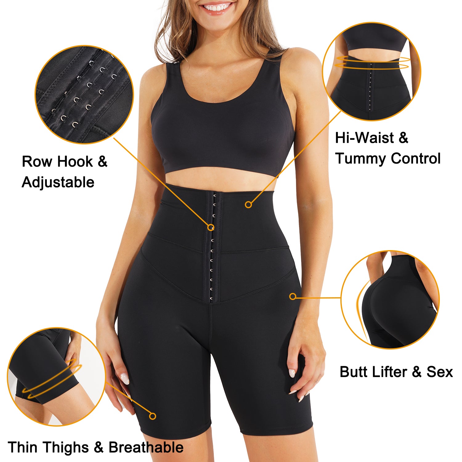 Black Womens 3 Hook High Waist Butt Lifter Thigh Slimmer Shapewear Short Details - Nebility