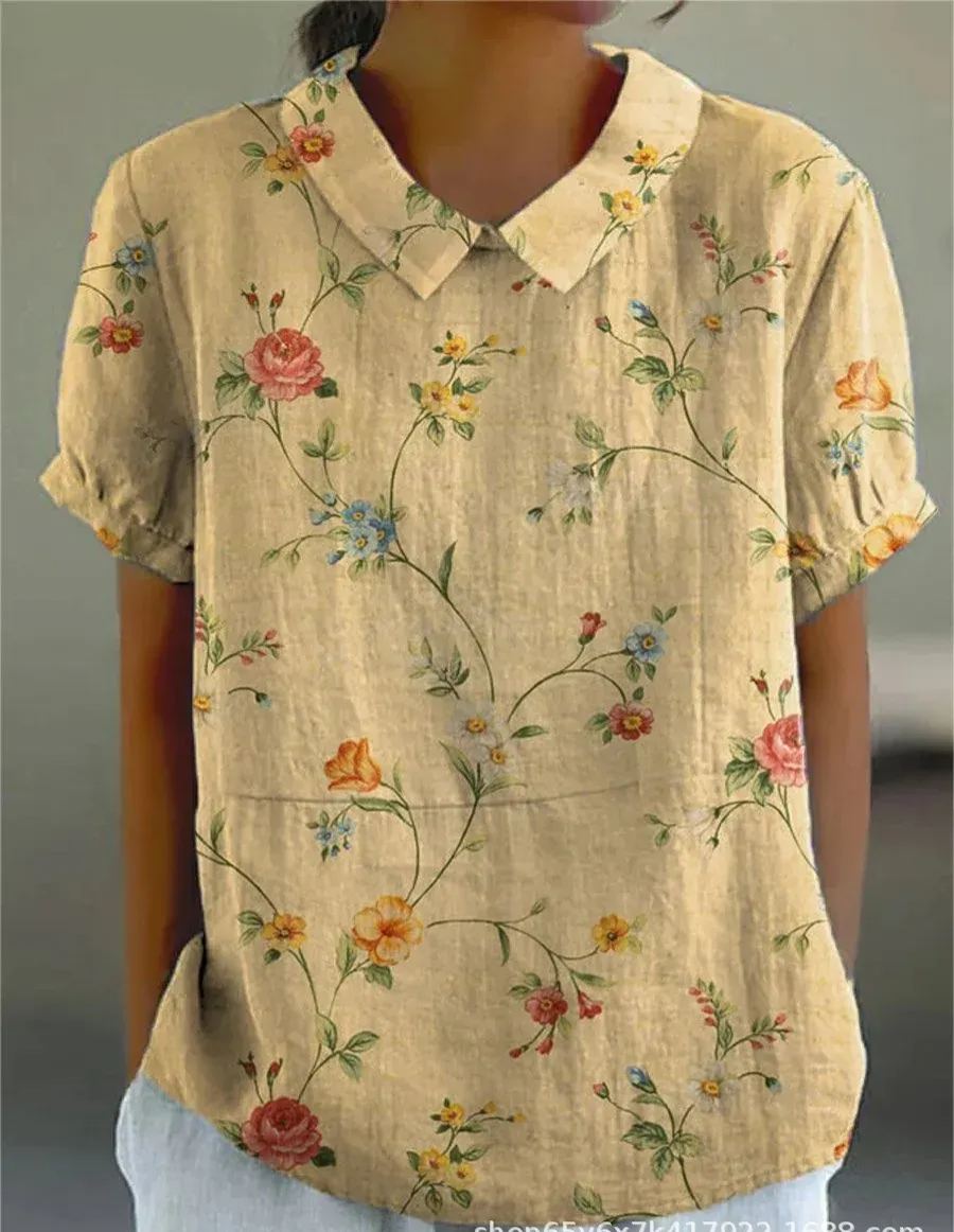 Women's Pastoral Floral Art Print Casual Cotton And Linen Shirt