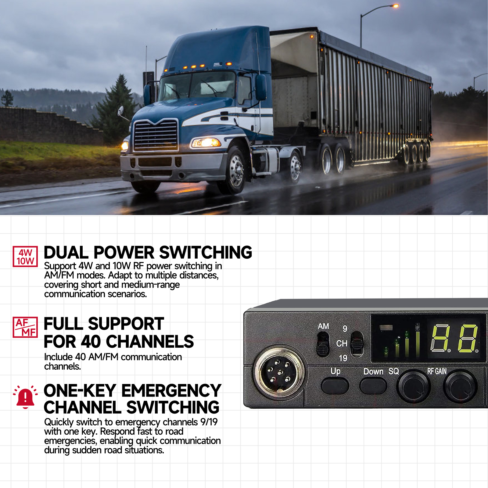 OMIZN LT-298 CB Radio AM/FM Full 40 Channel, Instant Emergency Channel 9/19 ASQ Function RF-Gain External Speaker Jack Easy to Read Display