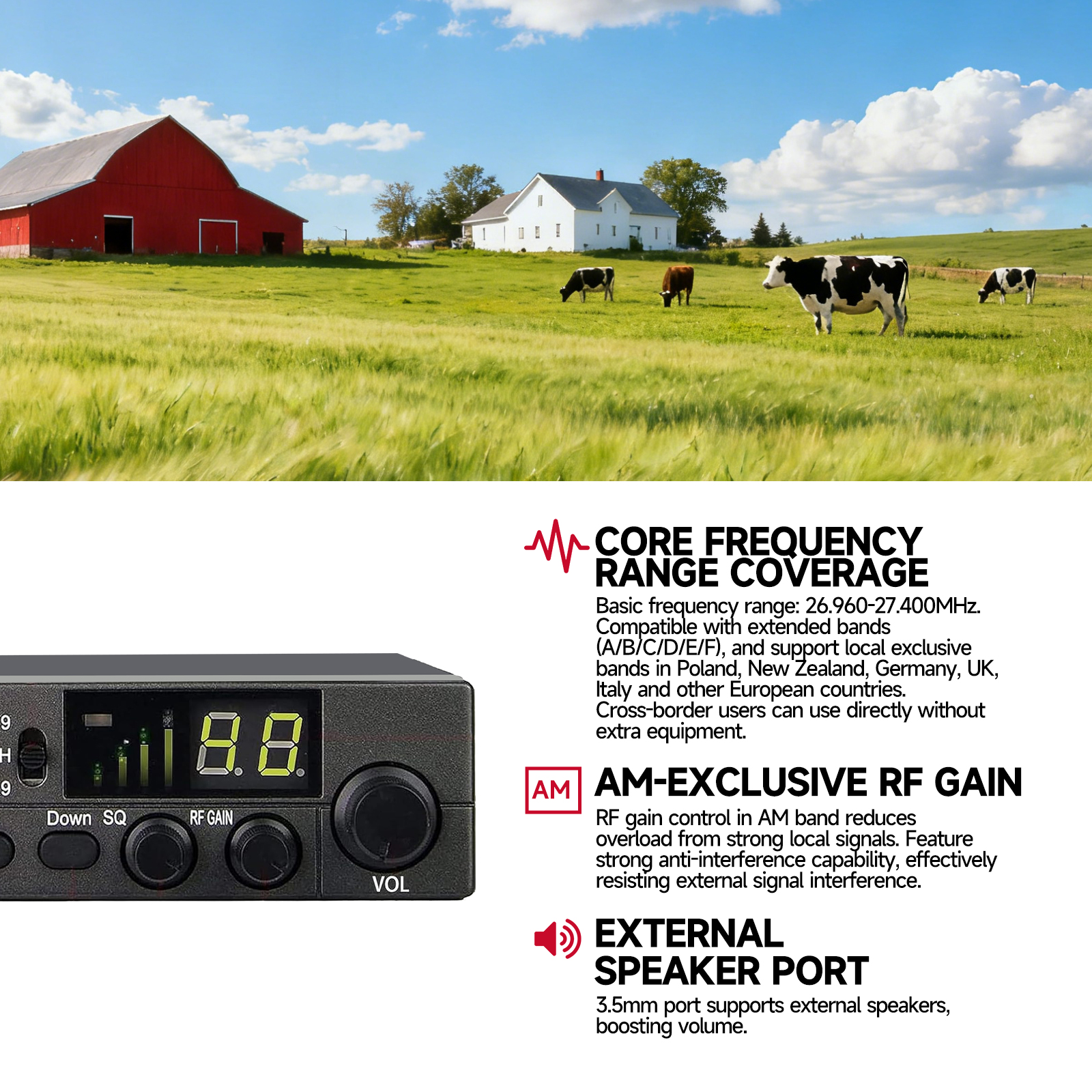OMIZN LT-298 CB Radio AM/FM Full 40 Channel, Instant Emergency Channel 9/19 ASQ Function RF-Gain External Speaker Jack Easy to Read Display