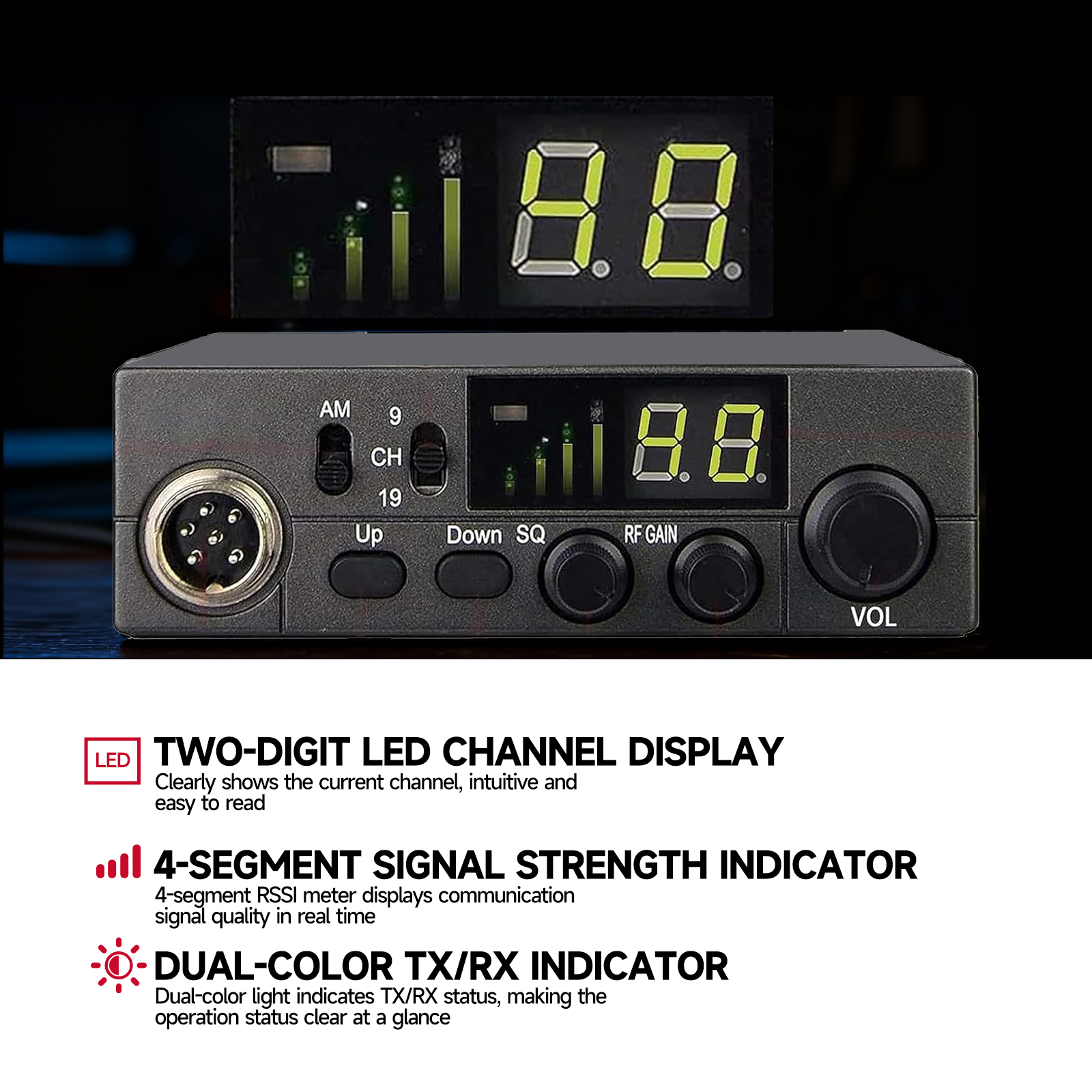 OMIZN LT-298 CB Radio AM/FM Full 40 Channel, Instant Emergency Channel 9/19 ASQ Function RF-Gain External Speaker Jack Easy to Read Display