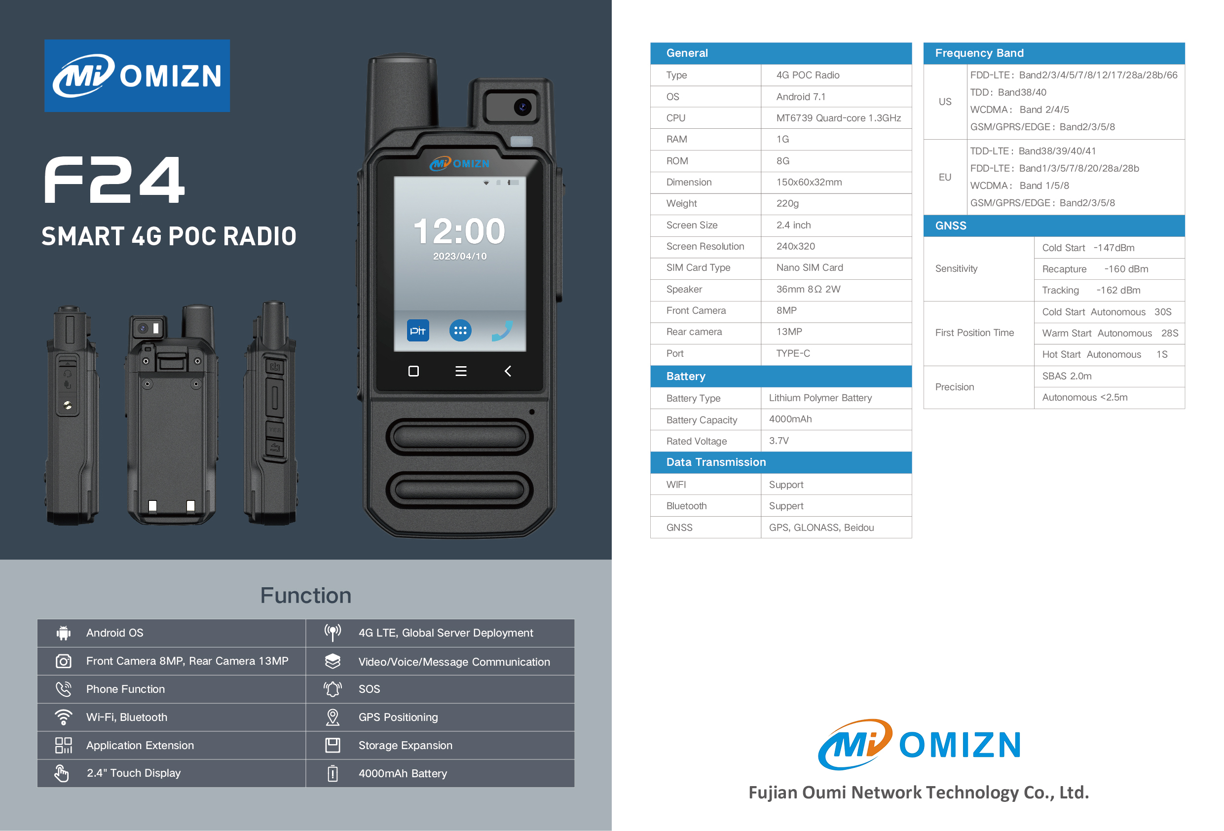 OMIZN-F24 4G POC Radio, Android 7.1 Walkie Talkie Unlimited Range with 8MP/13MP Camera, GPS, 4000mAh Battery, WiFi/Bluetooth