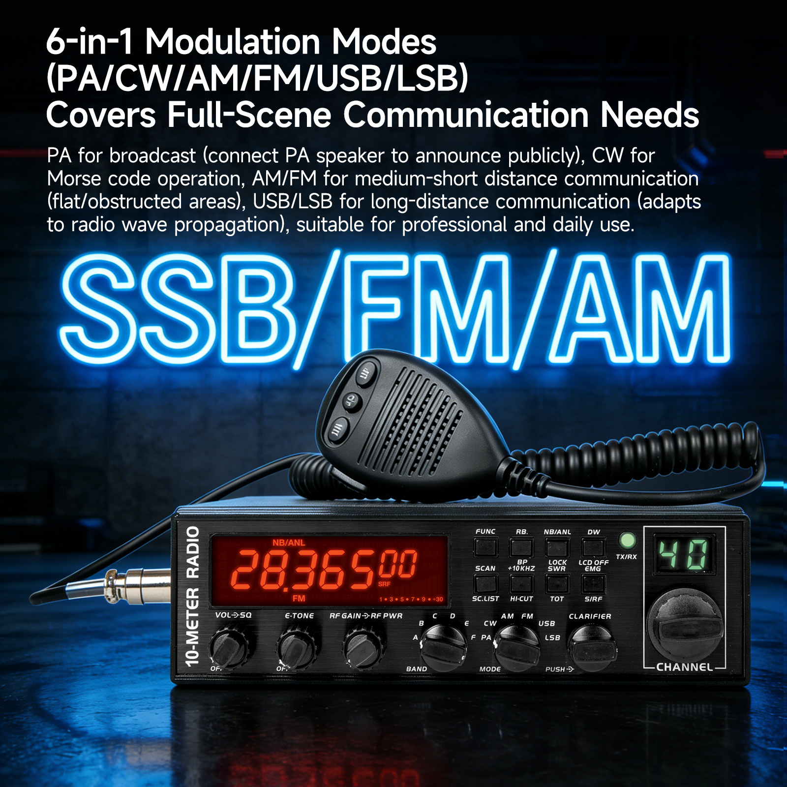 OMIZN 5558 SSB CB Radio 10 Meter Multi-Mode PA/CW/AM/FM/USB/LSB, 55W Max Power, 360 Channels, Instant Channel 9, NB/ANL, SWR Calibration, ASC, TB, RF-Gain, Auto-Scan, Support Programming