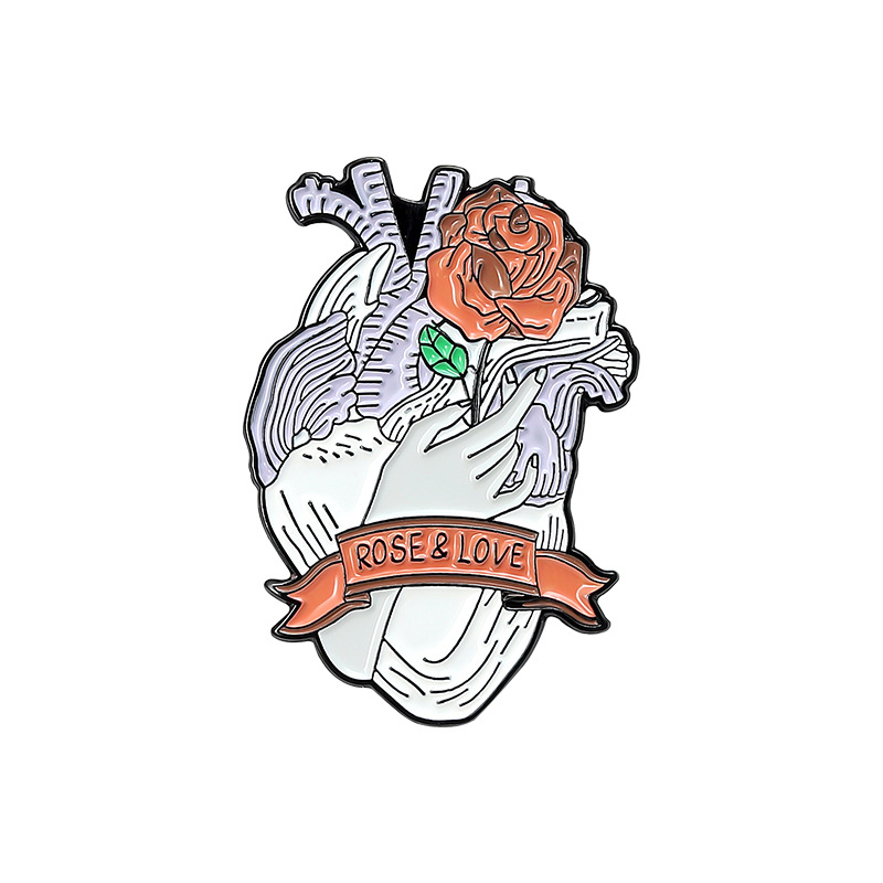 Rose & Love Heart Brooch Pin