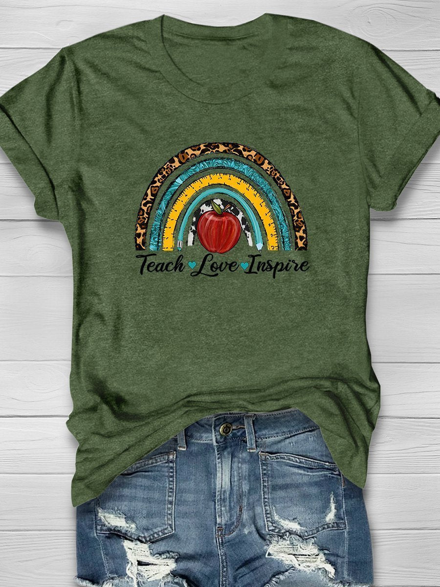 Teach Love Inspire Western Style Teacher Print Short Sleeve T-shirt