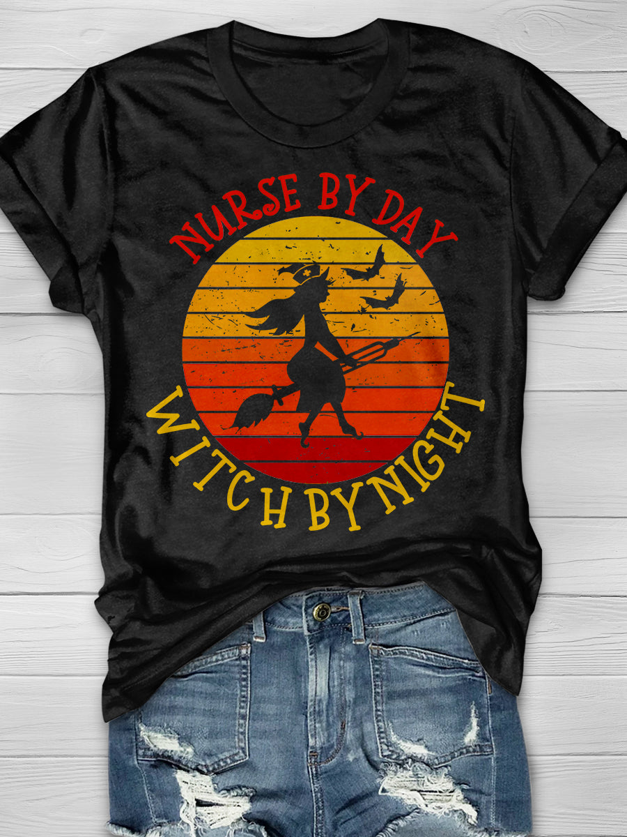 Nurse By Day Witch By Night Print Short Sleeve T-shirt