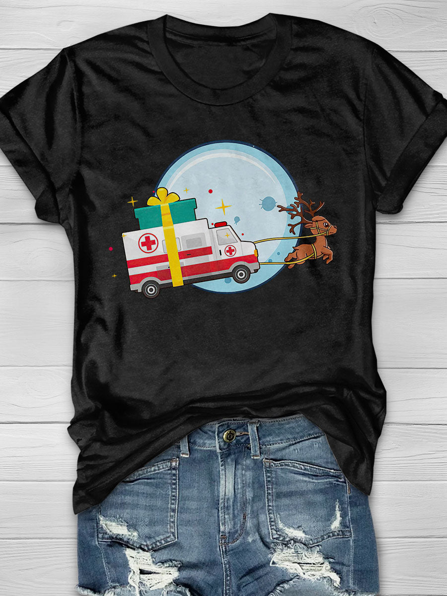 Medical Ambulance Reindeer Nurse Christmas Pajamas Xmas Print T-Shirt