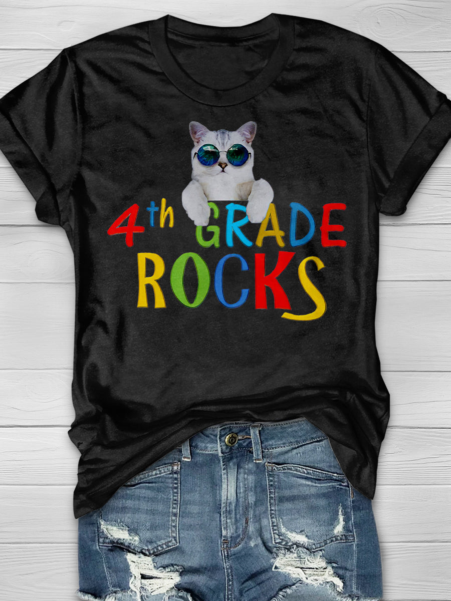 4th Grade Rocks Cool Cat Print Short Sleeve T-shirt