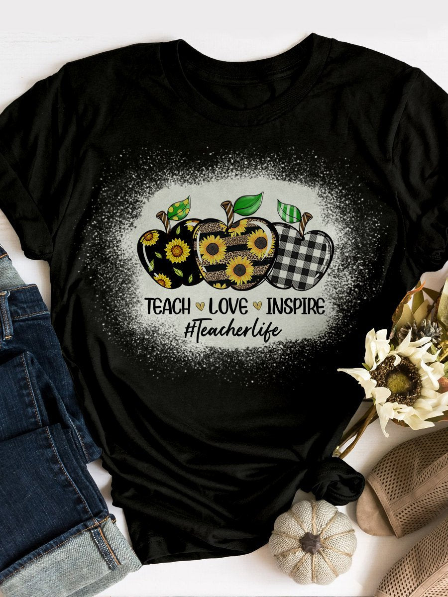 Peach Love School Teacher Apple Print Short Sleeve T-shirt