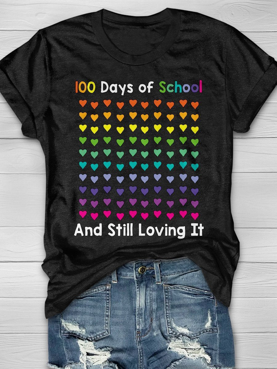 Rainbow Color Heart 100 Days School Print Short Sleeve T-shirt