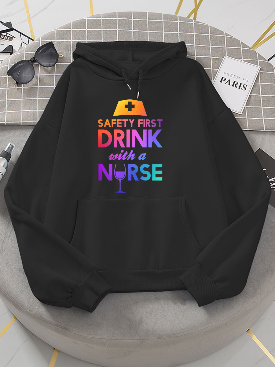 Safety First Drink With A Nurse Print Short Sleeve Hoodie