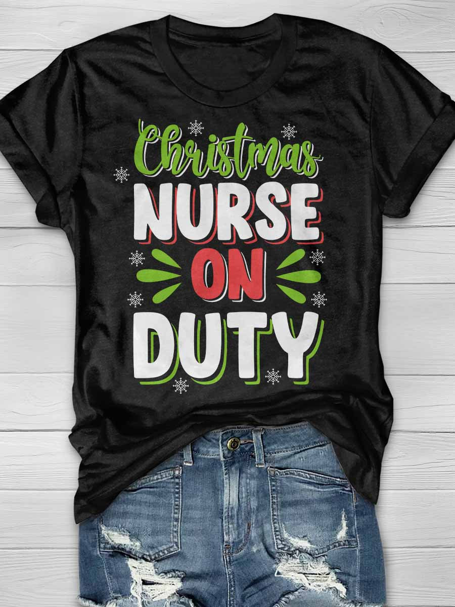 Christmas Nurse On Duty Print Short Sleeve T-shirt