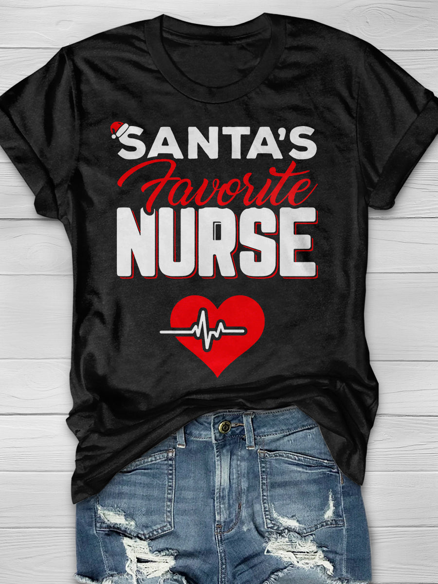 Santa's Favorite Nurse Print Short Sleeve T-shirt