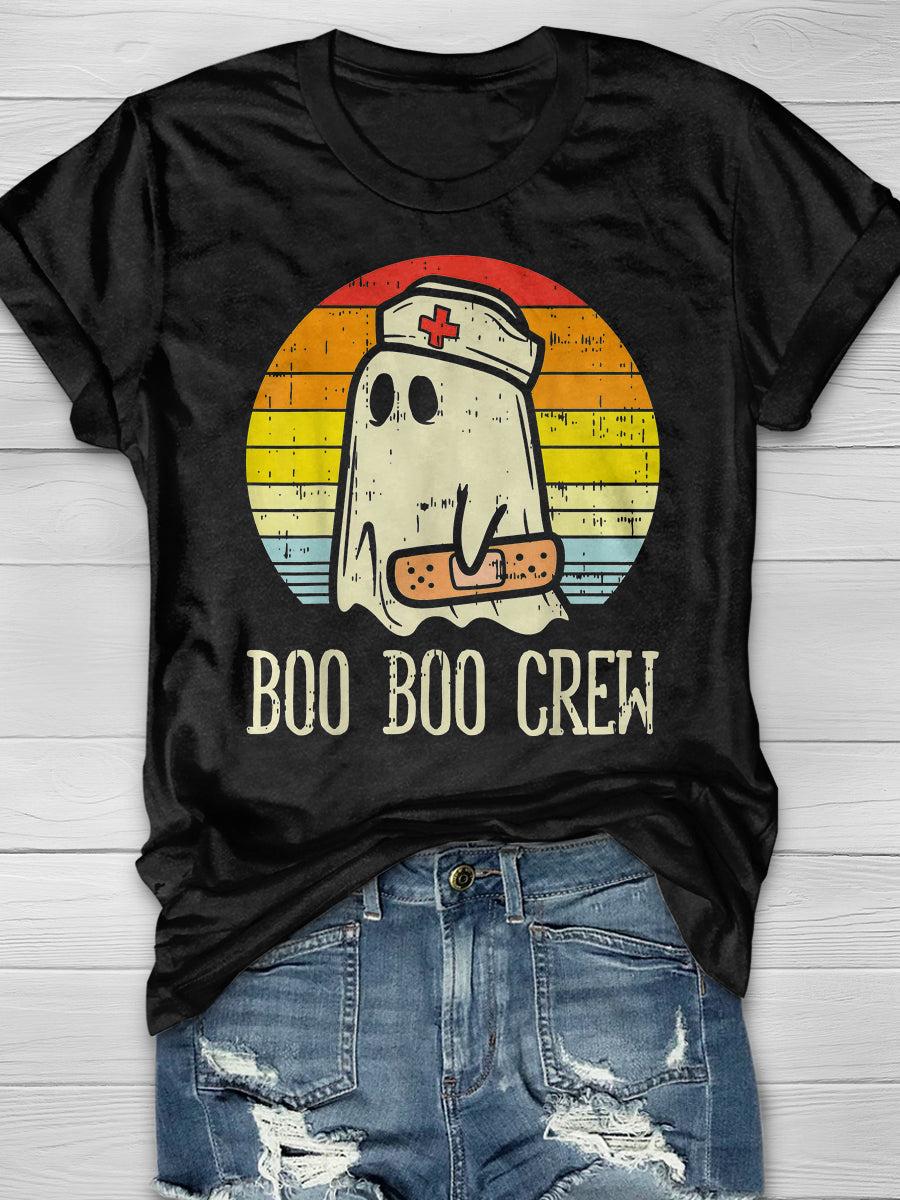 Boo Boo Crew Ghost Nurse Retro Halloween Print Short Sleeve T-shirt