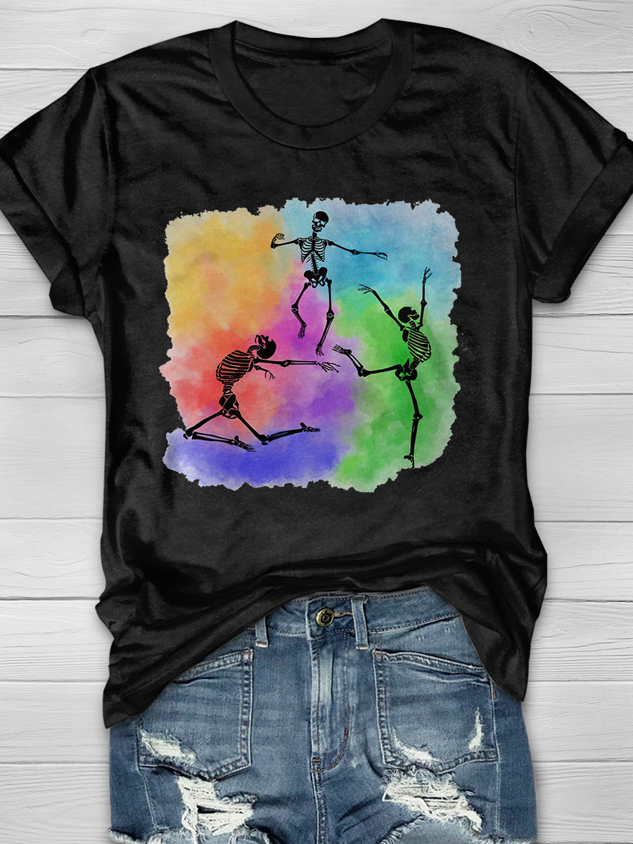 Rainbow Dancing Skeletons Print Short Sleeve T-shirt
