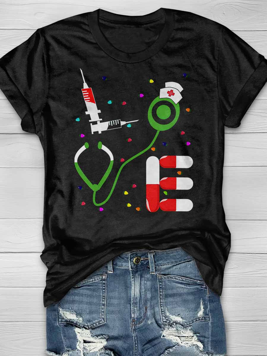 Merry Xmas Love Nurse Print Short Sleeve T-shirt