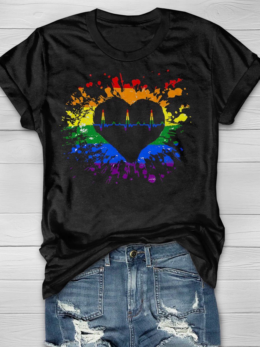 Pride LGBT Rainbow Heartbeat Print Short Sleeve T-shirt