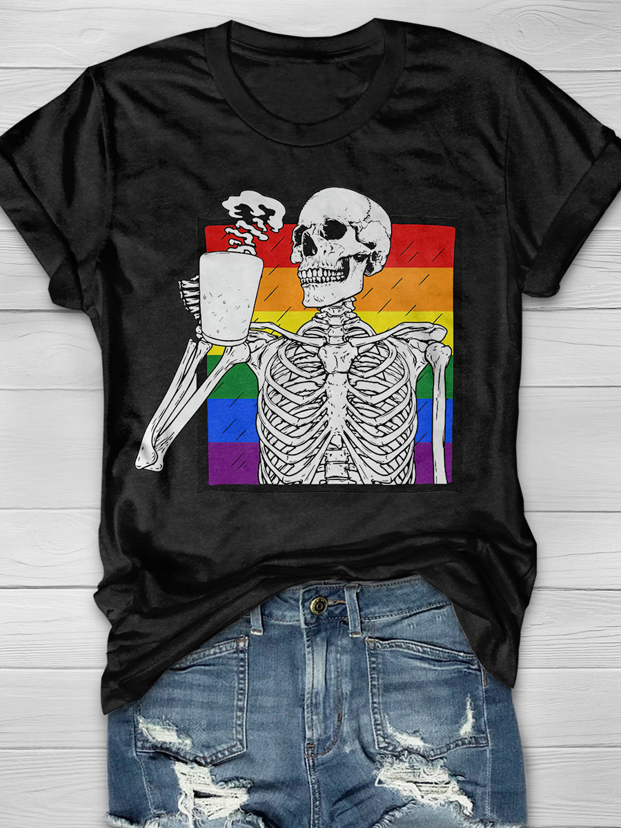 Skeleton Drinking Coffee LGBTG Flag Print Short Sleeve T-shirt