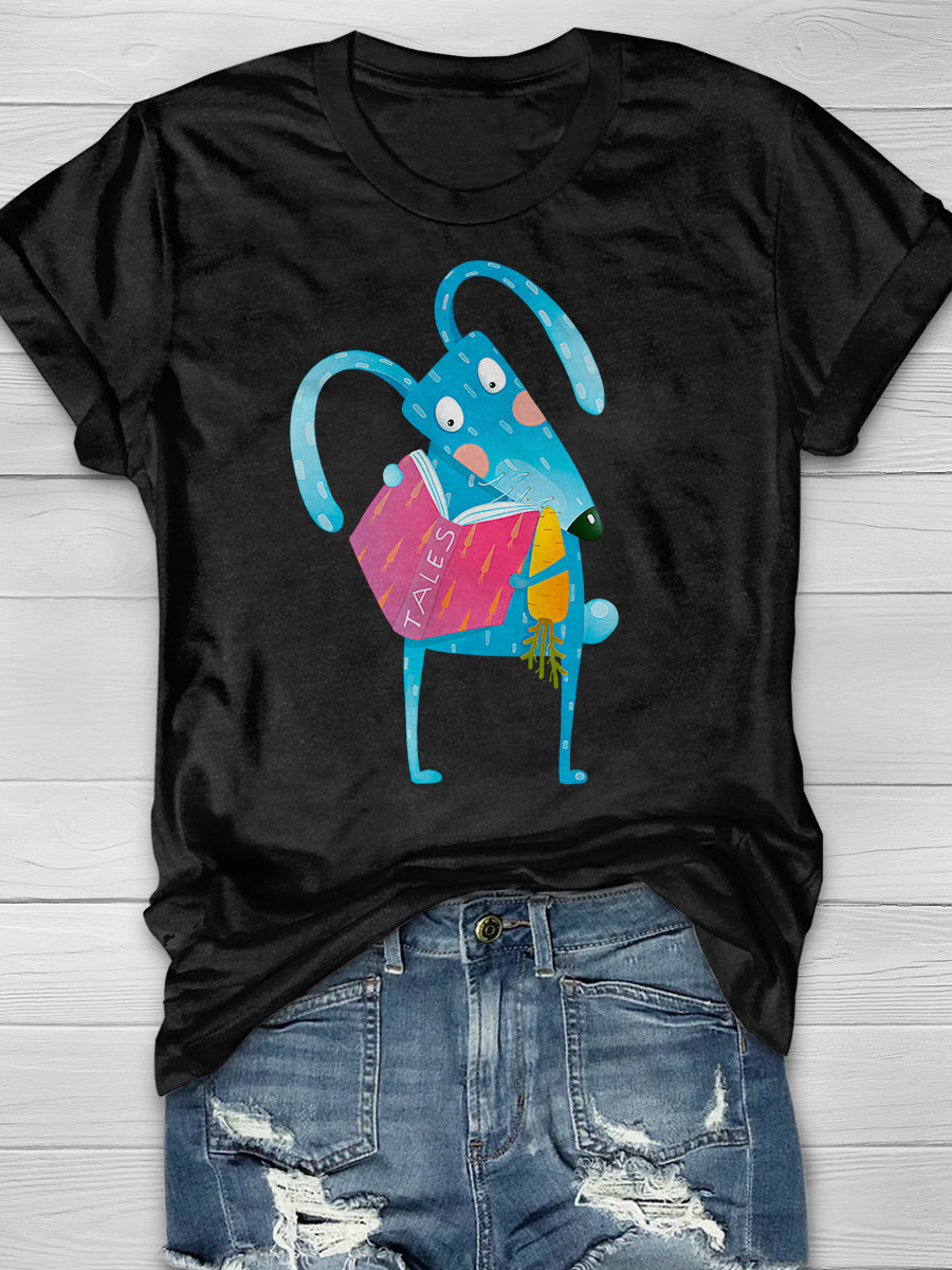 Cartoon Blue Bunny Reading Book Eating Print Short Sleeve T-shirt