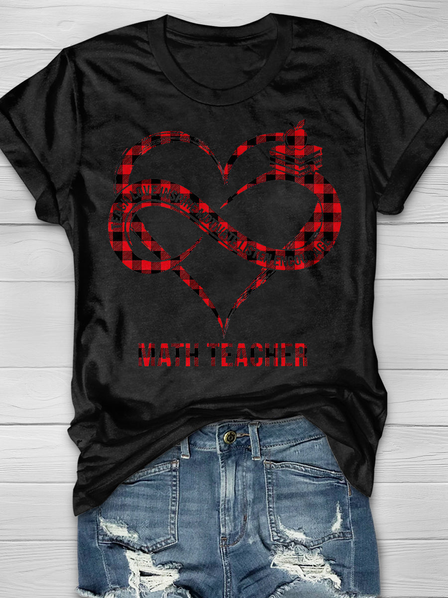 Plaid Heart Teach Love Inspire Math Print Short Sleeve T-shirt
