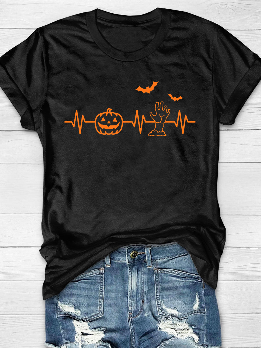 Halloween Pumkin And Zombie Hearbeat Print T-shirt