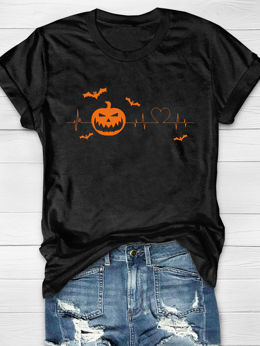Heartbeat Pumpkin Nurse Halloween Print T-shirt
