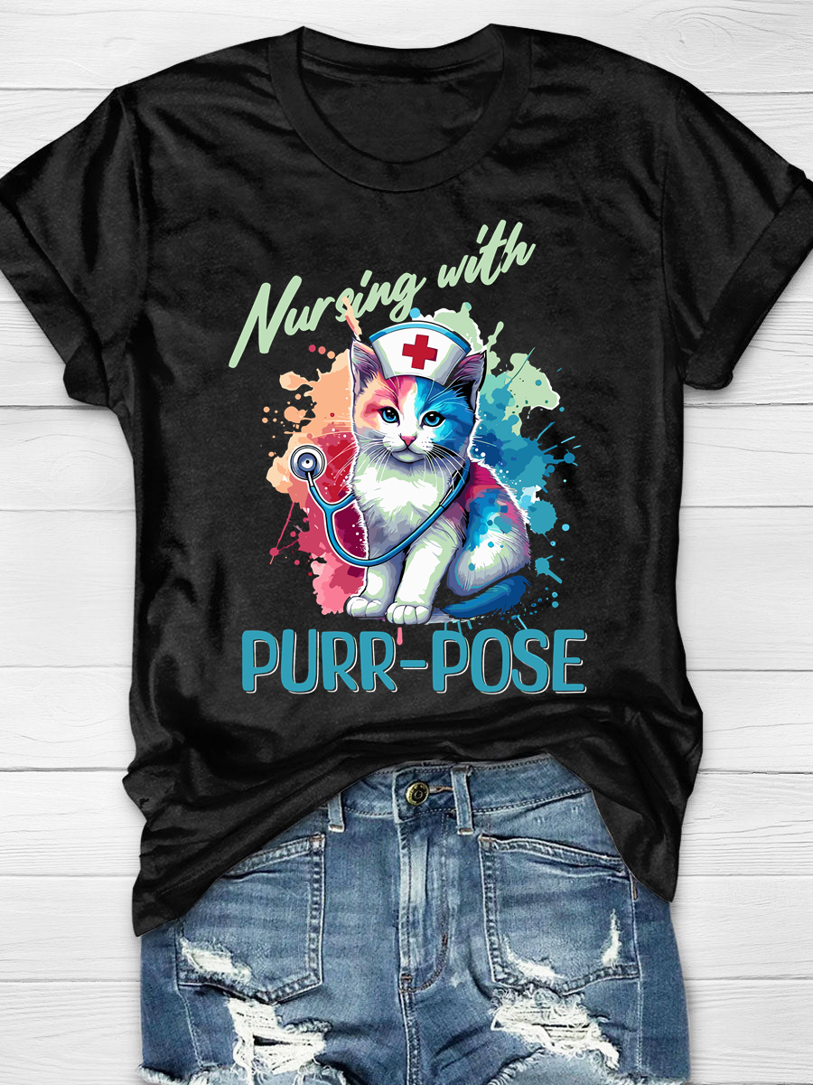 Cat Nurse Funny Saying Print Short Sleeved T-shirt