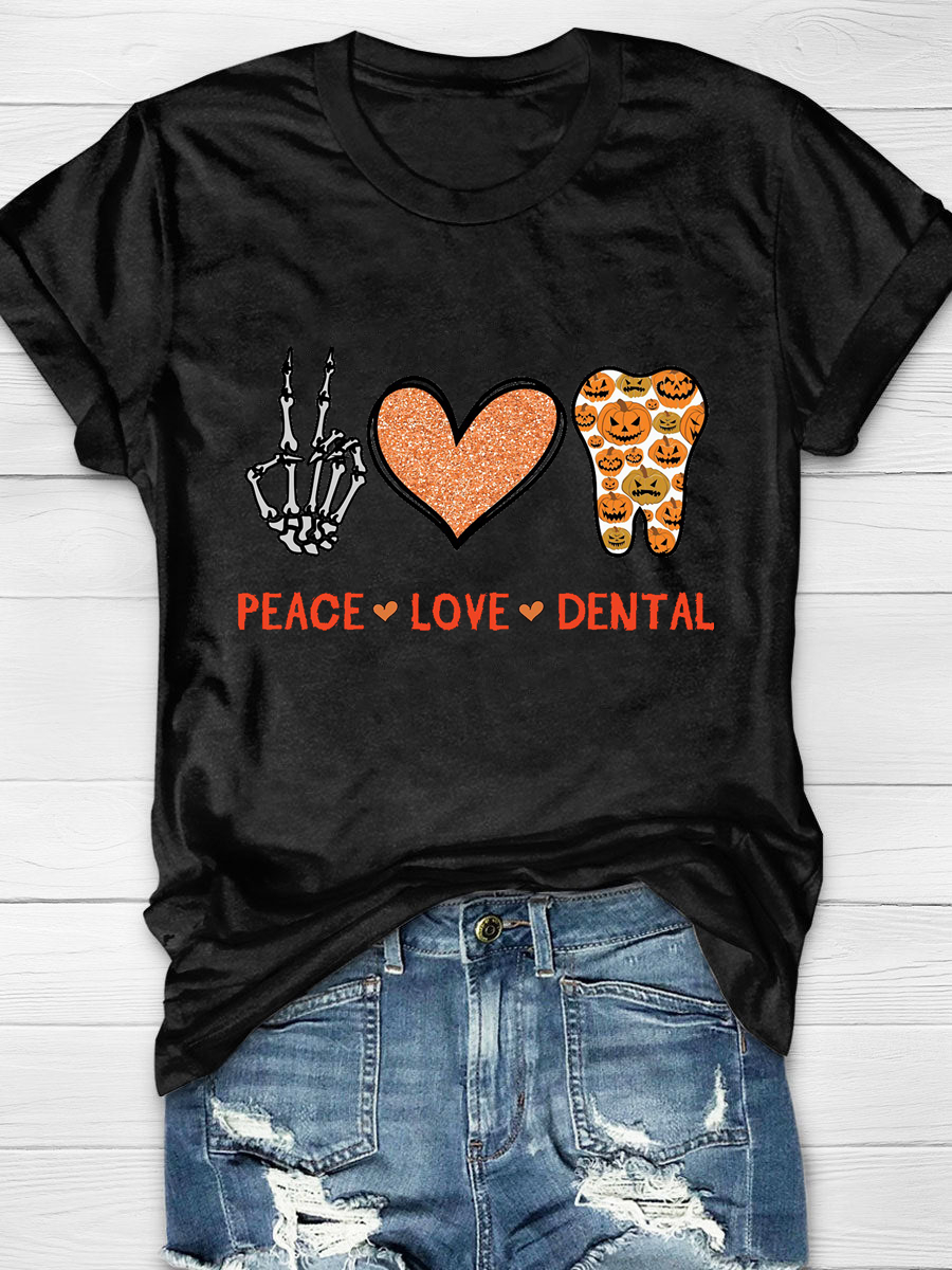 Peace Love Dental Halloween Dentist Skeleton Hand Heart Teeth Print T-shirt