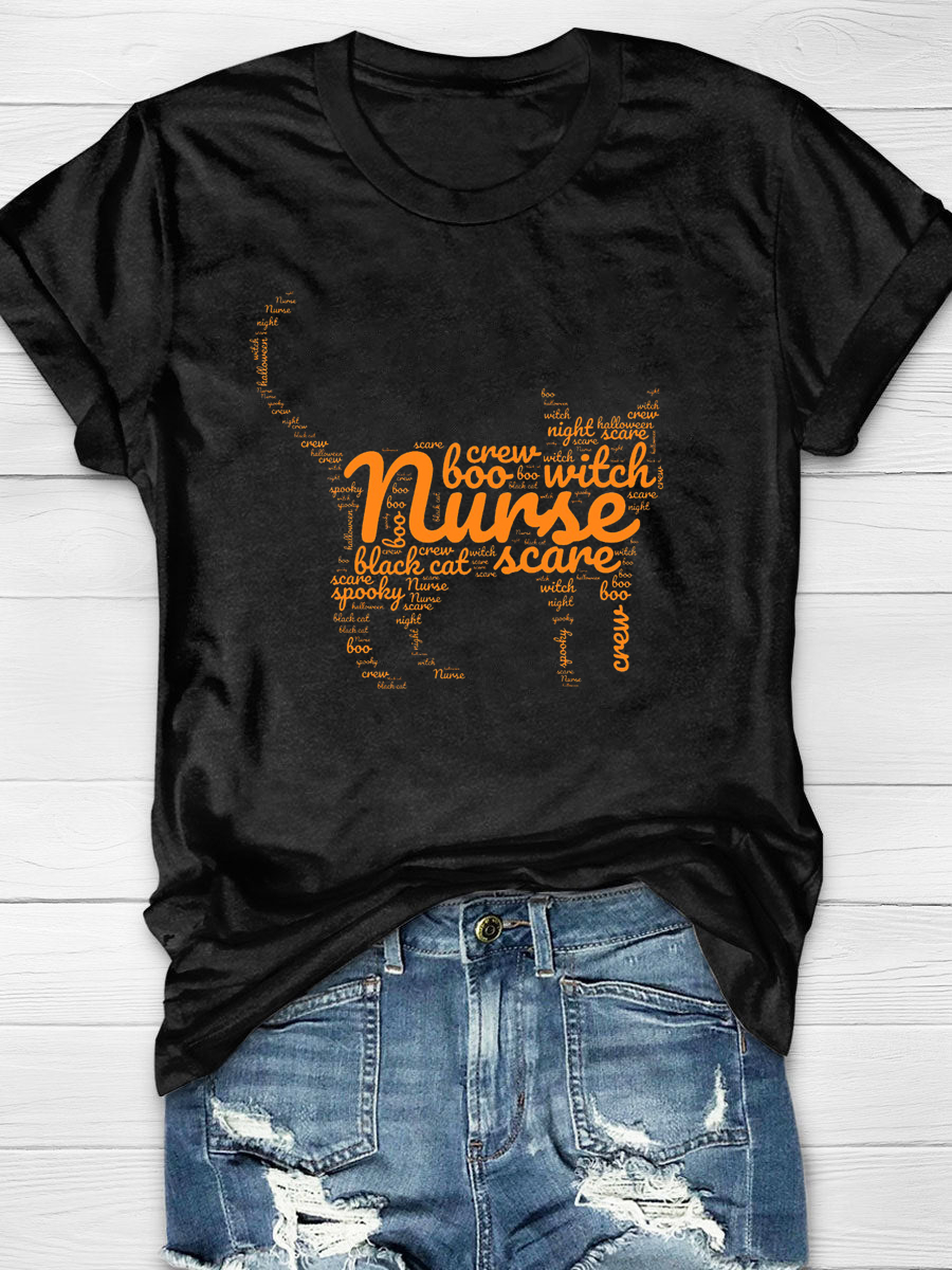 Funny Halloween Nurse Orange Cat Print T-shirt
