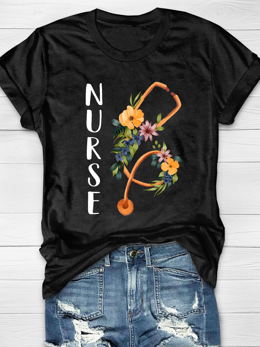 Floral Stethoscope Funny Nursing Print T-shirt