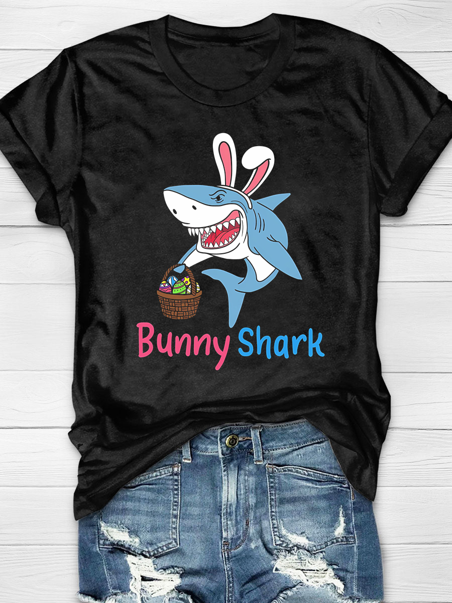 Bunny Shark Easter Sunday Egg Hunting Print T-Shirt