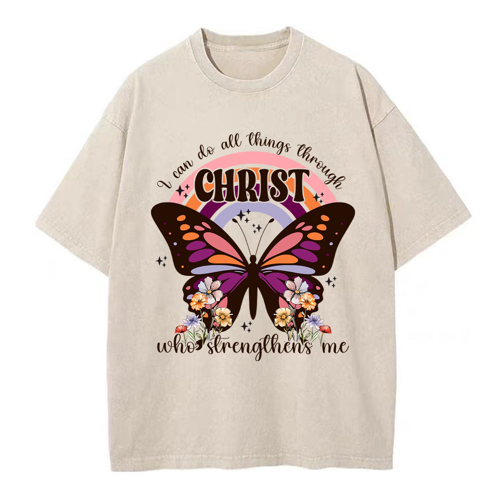 I Can Do All Things Through Christ Butterfly Christian Washed T-Shirt