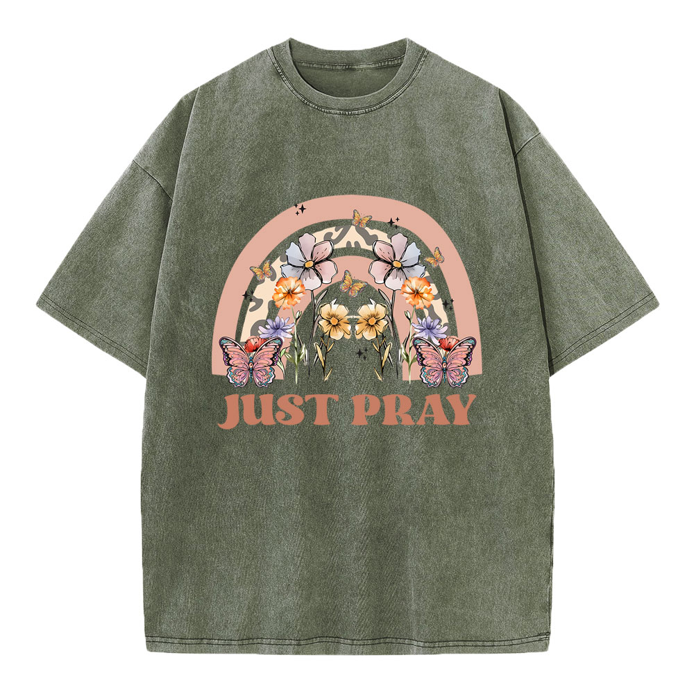 Just Pray Floral Butterfly Christian Washed T-Shirt