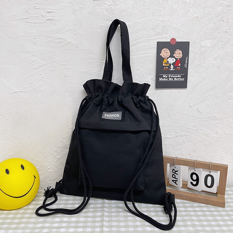 Drawstring canvas bag, simple solid color, multi-purpose student tutoring book bag ins girl shoulder portable canvas bag