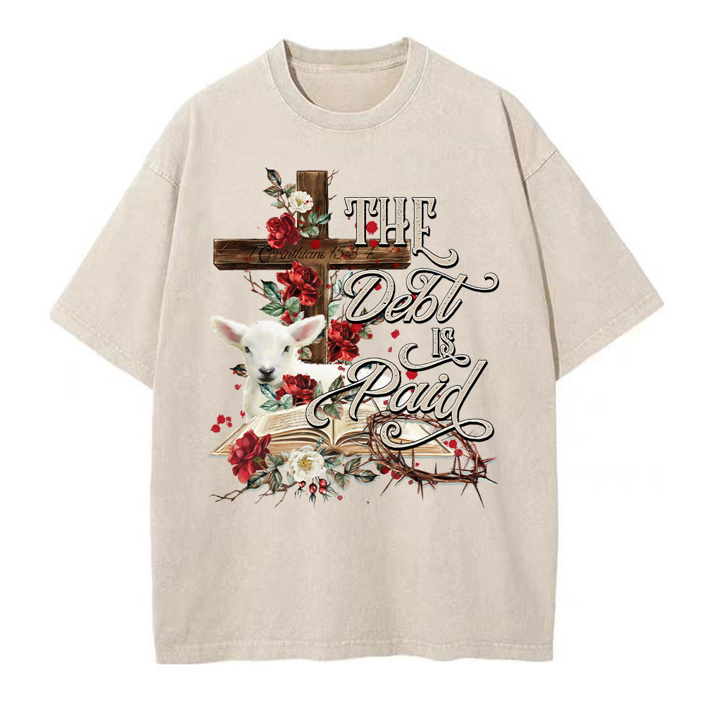 The Debt Is Paid Floral Cross Christian Washed T-Shirt