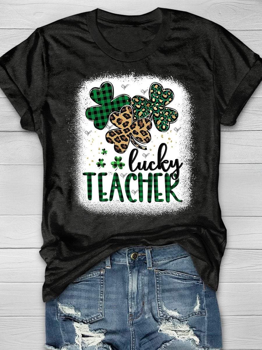 Lucky Teacher Print Short Sleeve T-shirt